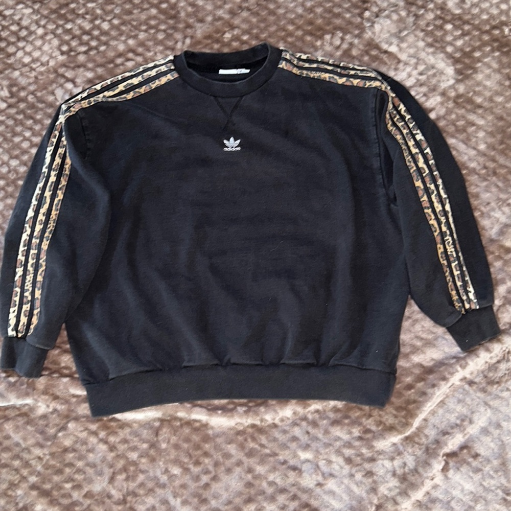 Preowned Adidas Sweatshirt Women’s Black Leopard Three Stripes Oversized SZ: S